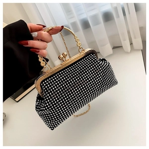 Sparkly rhinestone evening clutch bag with gold metal handle and chain strap for women