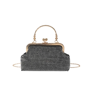 Sparkly black evening clutch bag with rhinestones, gold round handle and chain strap