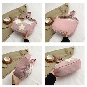 Pink crescent nylon bag with white towel-embroidered stars shown from four distinct angles