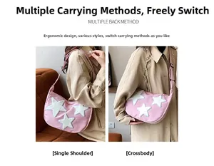 Pink nylon crescent bag with plush stars shown in shoulder and crossbody styles