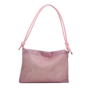 Sac sous le bras rose scintillant avec strass et bandoulière à nœuds pour femmes