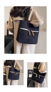 Detail of black corduroy tote bag with vertical stripes and stylish double zipper pockets