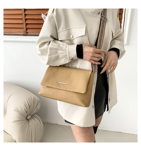 Détail d'un sac bandoulière en cuir grainé camel avec une large bandoulière rayée