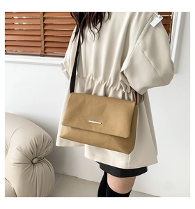 Détail d'un sac bandoulière camel avec bandoulière en tissu rayé et barre en métal argenté