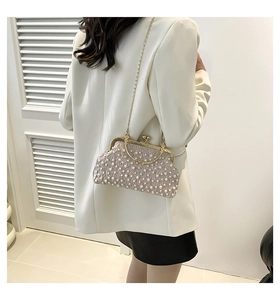 Sac de soirée perlé champagne élégant porté par un mannequin en costume blanc