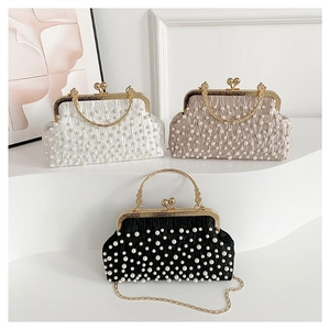 Sac de Soirée Luxueux Plissé avec Künstliche Perles Pochette en Satin Vintage pour Femmes Élégant Sac à Main pour Mariage et Fête avec Bandoulière Chaîne Dorée