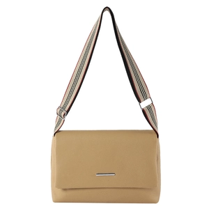 Sac bandoulière minimaliste en cuir beige avec large sangle tissée tricolore rayée