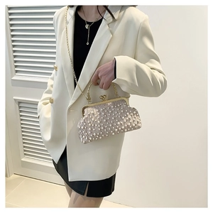 Pochette de soirée champagne élégante avec poignée dorée et tissu plissé à perles