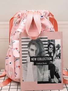 Sac à dos rose à cordon avec imprimé lapin mignon et poignées pour étudiantes