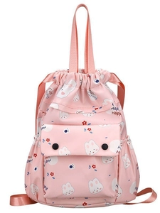 Sac à dos à cordon rose avec motifs de lapins et tissu résistant à l'eau pour l'école