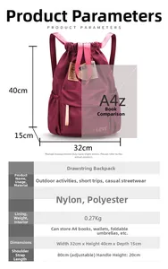 Spécifications détaillées et dimensions du sac à dos en nylon bordeaux à cordon