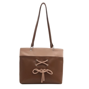 Minimalist large capacity tote bag with dual-tone brown and beige leather patchwork