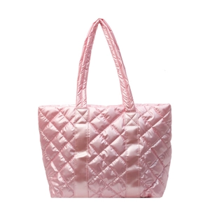 Pink quilted rhombic pattern handbag with glossy fabric for women shoulder carry
