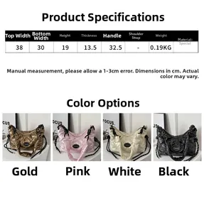 Detailed size chart for quilted tote bag showing 38cm width and metallic color options