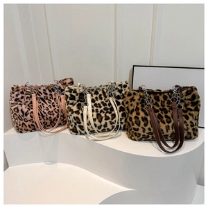 Chic leopard print faux fur tote bags with metal chain straps in three stylish colors