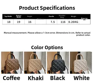 Quilted crossbody bag dimensions and material details with four color options display