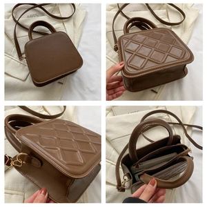 Detailed four-angle macro view of brown quilted crossbody bag with internal zippers