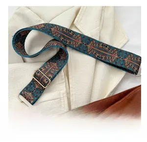 Close-up of wide ethnic jacquard woven shoulder strap with retro geometric patterns