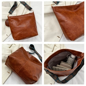 Detailed four-view layout of brown vintage PU leather tote bag with ethnic pattern strap