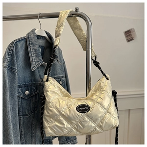 Chic quilted metallic hobo bag in pearly white with fashion logo and knot strap