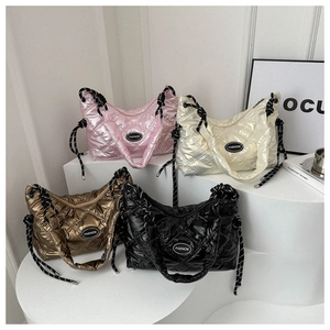 Women Glossy Puffer Shoulder Bag Quilted Rhombic Pattern Braided Strap Hobo Crossbody Underarm Bag Winter Fashion Handbag
