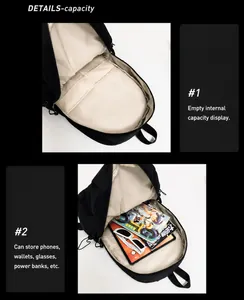Macro view of black backpack interior showing large storage capacity for tablets and magazines