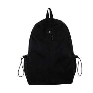 Minimalist black casual travel backpack for couples with practical side drawstring pockets