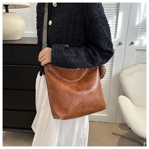Brown vintage PU leather tote bag with ethnic patterned wide strap and mini coin purse