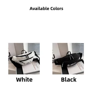 Vista doppia di marsupi in nylon bianco e nero con tasche a zip e logo frontale chiaro
