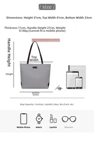 Detailed size chart showing grey canvas tote bag dimensions and interior capacity guide
