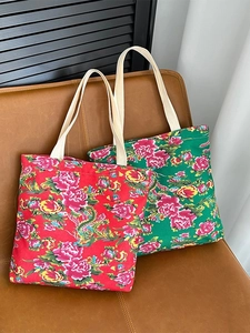 Northeast Floral Canvas Tote Bag Peony Phoenix Pattern Large Capacity Shopping Shoulder Bag Chinese Retro Handbag For Women