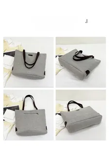 Detailed four-angle view of gray canvas tote bag featuring brown leather reinforcement and back zipper