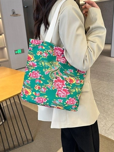 Ethnic style green canvas tote bag with pink peony and phoenix print for daily travel