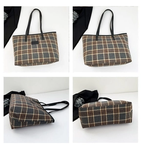 Detailed four-way view of a large plaid tote bag with black handles and logo plaque
