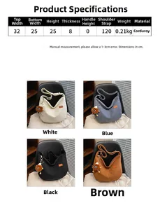 Detailed size chart for corduroy hobo bag showing dimensions and four available colors