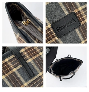 Detailed views of plaid tote bag showing metal zipper and leather brand tag