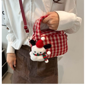 Borsa di peluche a quadretti rossi e bianchi natalizi con un simpatico cane di peluche