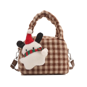 Borsa a tracolla in peluche a quadri con decoro a cucciolo e tracolla in pelle marrone