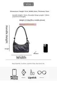 Guide des tailles détaillé pour sac à bandoulière noir matelassé avec ses dimensions