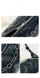 Détails du sac matelassé noir avec chaîne en métal argenté et fermeture éclair