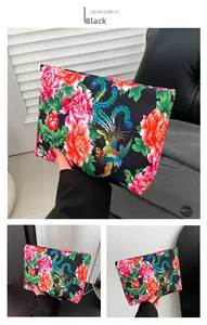 Detailed macro view of black nylon clutch bag with colorful peony and phoenix floral print