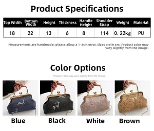 Size guide for PU chain crossbody bag showing dimensions and four stylish color options