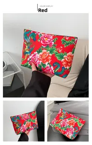 Detailed macro of a traditional floral nylon clutch bag with phoenix and peony patterns