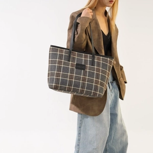 Classic large plaid tote bag in brown and grey fabric for stylish autumn fashion