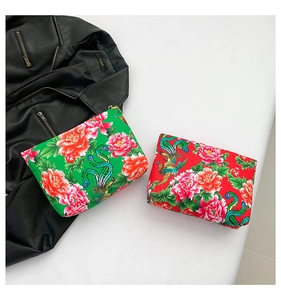 Detailed macro view of nylon makeup bags featuring ethnic peony and phoenix floral prints