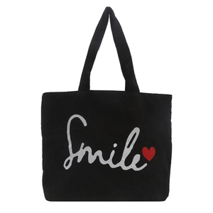 Large black corduroy tote bag with Smile print and red heart detail for women