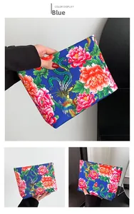 Detailed views of ethnic blue nylon clutch bag with phoenix and peony floral prints