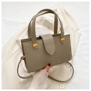 Close-up of khaki pebbled leather handbag with gold metal hardware and flap closure