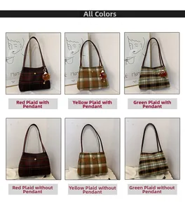 Detail view of retro plaid wool tote bag showing red, yellow, green patterns with mini charms