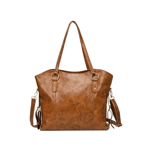 Retro brown large capacity tote bag with dual straps and textured oily faux leather finish